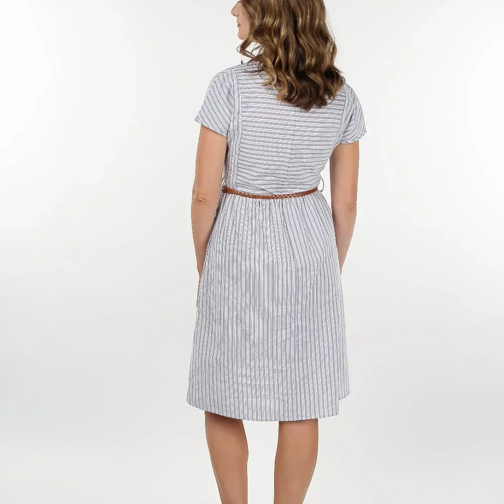 Breastfeeding Dress Cotton Gray Stripe Knee Length with Pockets and Zippers - Picture 5 of 7